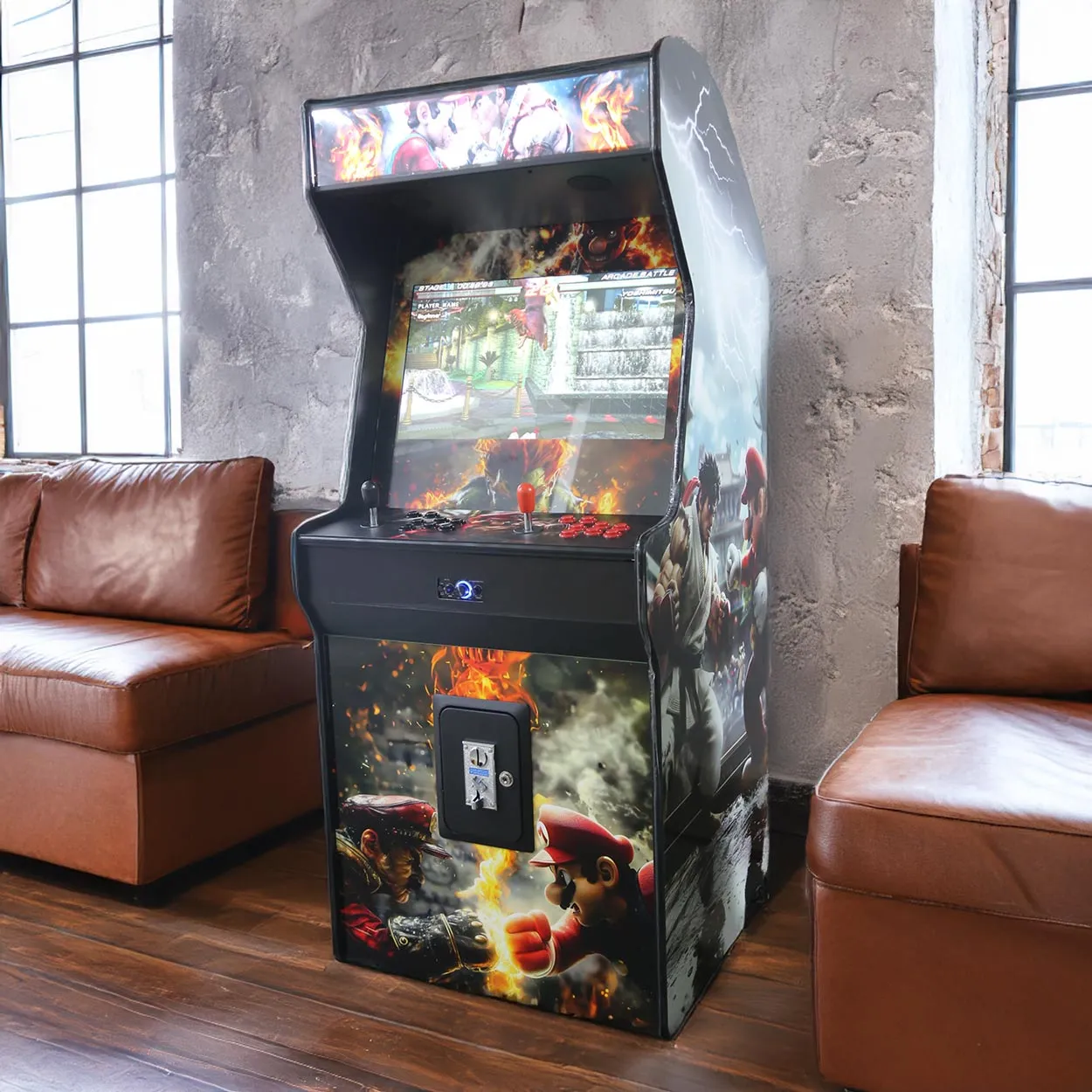 Arcade machine standing in a lounge with brick walls and leather couches