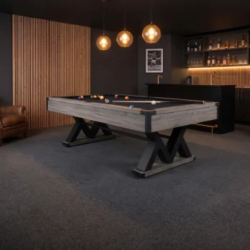 Millstone 7ft pool table with charcoal cloth in a dark games room
