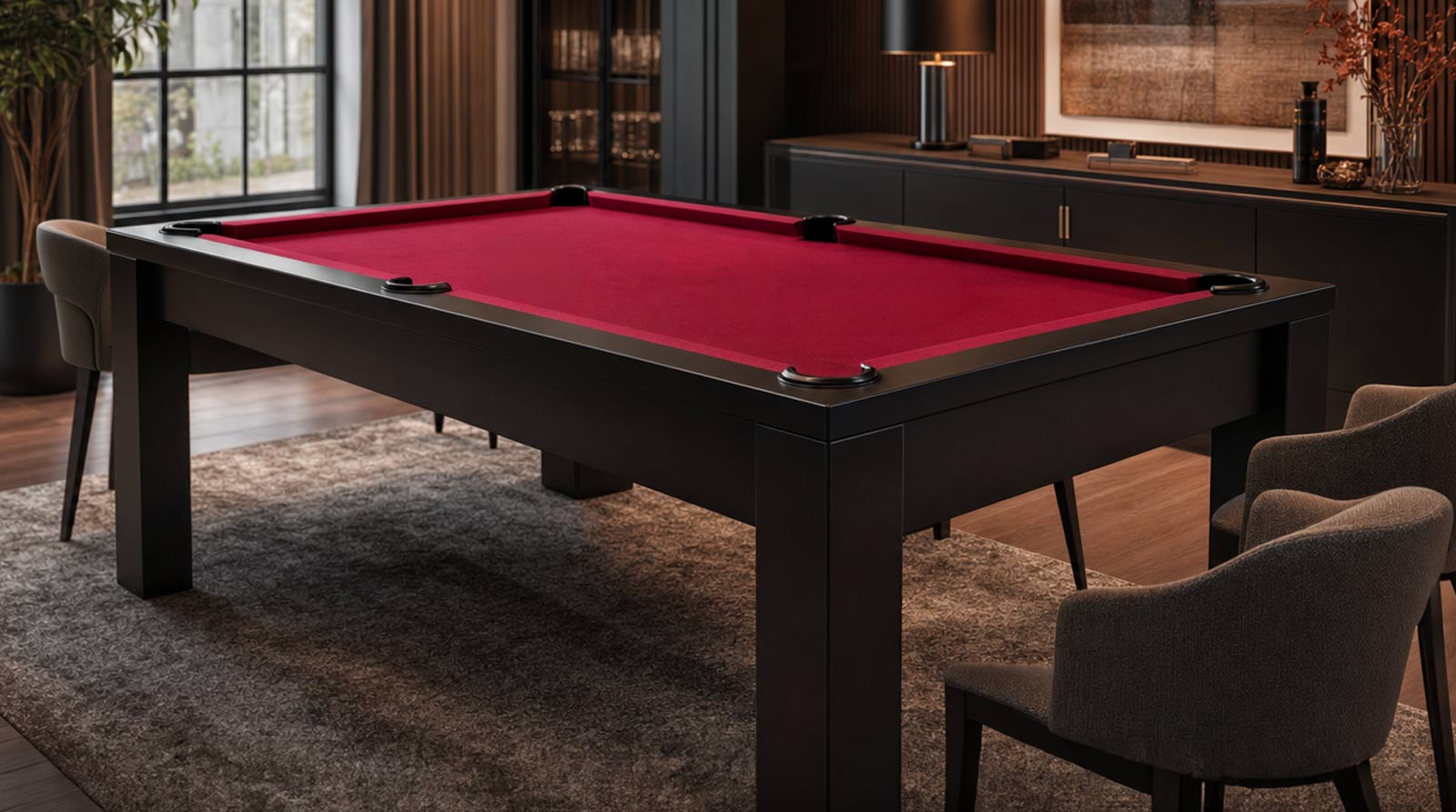 Milano Dining Table Pool Table by Stryker in a modern dining room with deep red CPBA felt