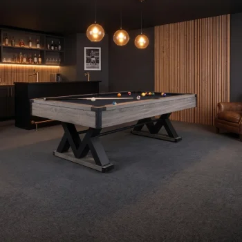 Millstone 7ft pool table with charcoal cloth in a dark games room