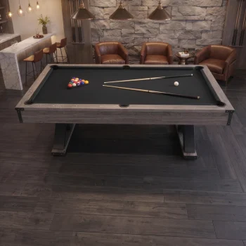 Millstone 8ft pool table with charcoal cloth, set up with balls and cues