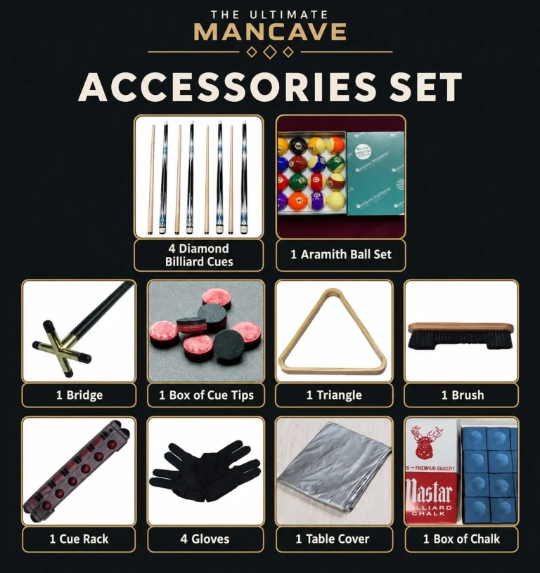 What Do You Need With a New Pool Table? Cues, Balls, Covers and More NZ Ultimate Pool Upgrade Kit: 4 Diamond cues, Aramith balls, bridge, cue tips, triangle, brush, cue rack, 4 gloves, table cover and chalk